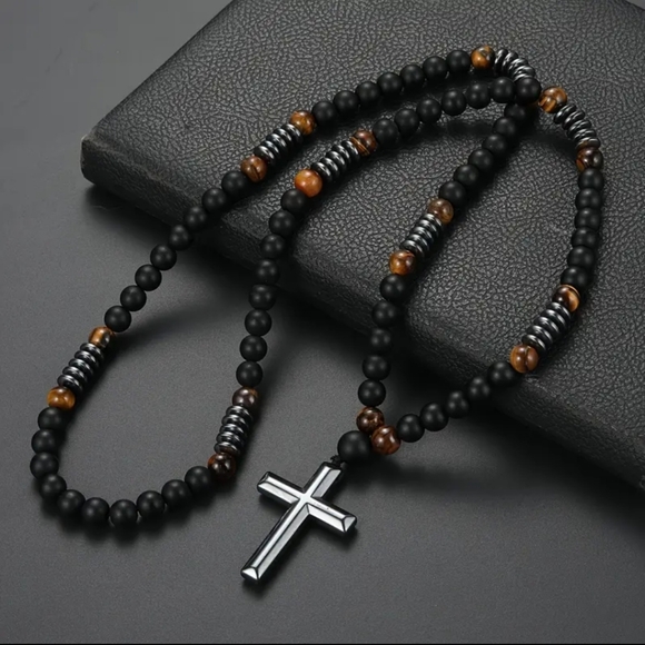 8mm Black Obsiden & Tiger Eye Natural Stone Bead Necklace & Cross for Men/Women - Picture 2 of 8